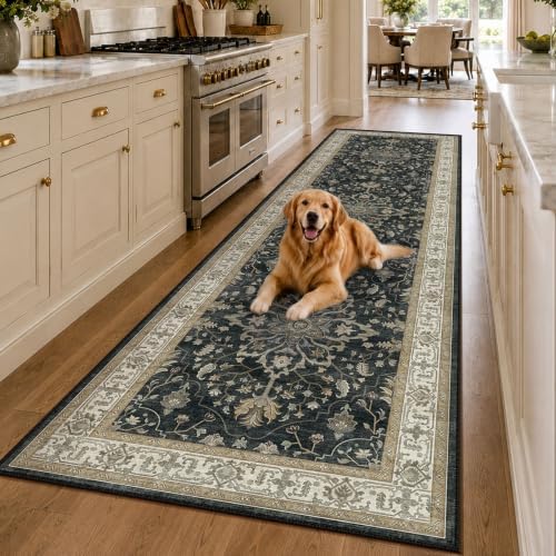 RELEANY Washable Area Rug, Runner 3'x10', Black/Vintage/Beige by RELEANY