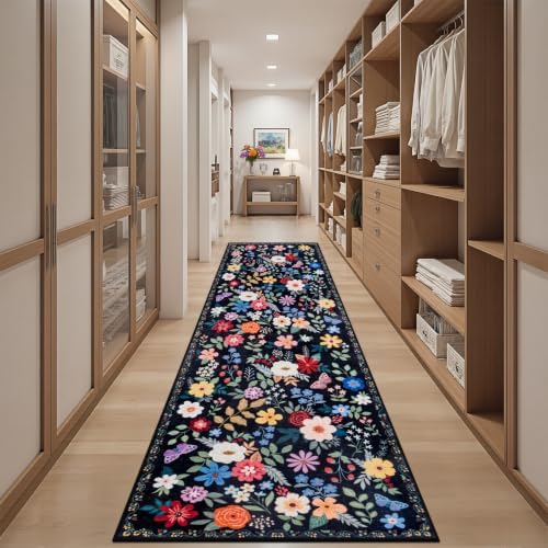 PLHXFR 3x10 Washable Runner Rug：Floral Indoor Kitchen Soft Carpet Black - Image 5