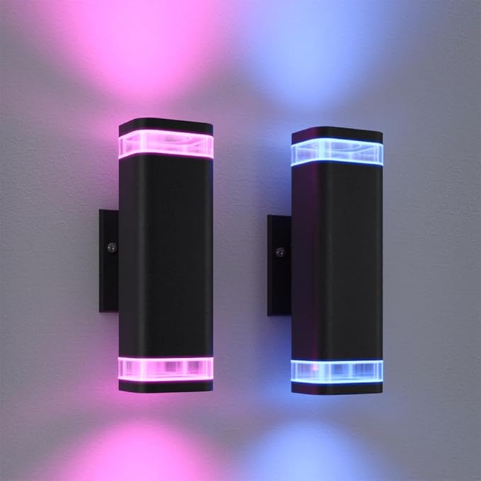 Smart WiFi Outdoor Wall Sconce Lights 2 Pack,Porch Lights RGB Color Changing App Control, Dimmable White Range of 2700K-6500K Up Down Exterior Wall Lights for House,Works with Alexa Google Assistant