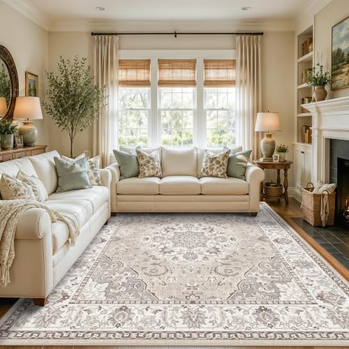 10x10 Square Living Room Rug: Washable Vintage Ultra Soft Carpet for Bedroom Office Dining Room Thin Non-Slip Kids Room Rug Farmhouse Durable Low Pile Floor Mat for High Traffic Areas(10x10，Beige) - Image 4