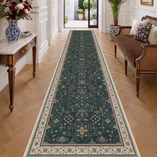 Hazo Haus Washable Dark Green Hallway Runner Rug 16 ft Long - 3x16 Modern Vintage Boho Long Wide Runner Rugs for Kitchen, Non-Slip Stain Resistant Low Pile Throw Rug Indoor Door Mat by HazoHaus
