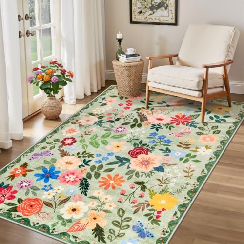 PLHXFR Area Rug Living Room: 3x5 Floral Washable Boho Soft Carpet Green - Image 4
