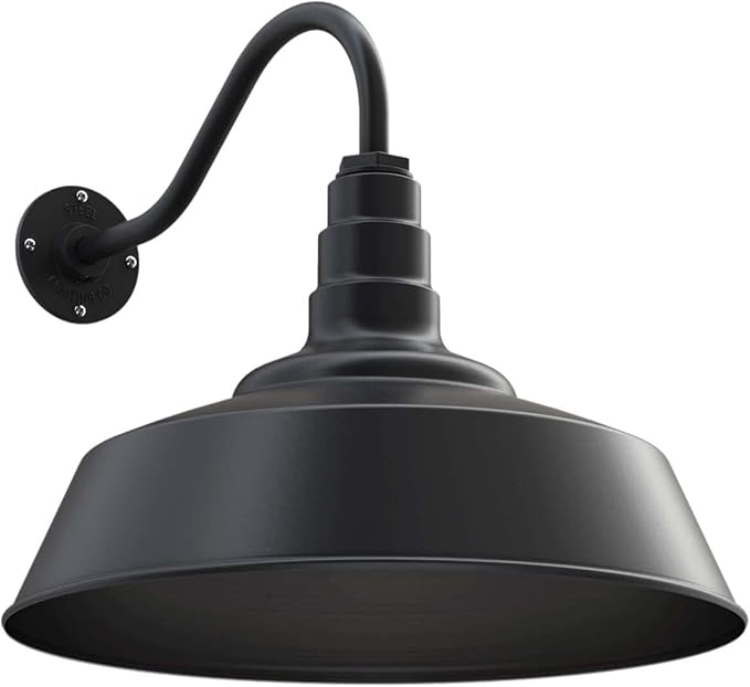Steel Lighting Co. Large Outdoor Barn Light | Gooseneck Light Fixture | Made in America from 18-Gauge Steel | 20" Dome | 16" Gooseneck Matte Black Exterior/Matte Black Interior