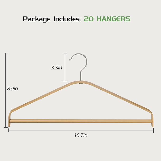 Bamboo Hangers 20 Pack - Durable & Slim Coat Hanger - Suit Hangers with 360-Degree Rotatable Hook, Suit Hangers for Clothes, Jacket, Shirt, Tank Top, Pant (Natural-1, 20)