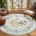 RELEANY Washable Area Rug, Round 4ft, Beige/Carbon Grey/Orange - Image 2