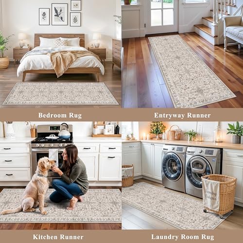 2x8ft Kitchen Runners Rugs Non Skid Washable – Boho Floral Stain-Resistant Low-Pile Carpet Runner for Hallway, Bathroom, Bedroom, Entryway (Beige, 2x8) - Image 4