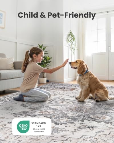 Amada 5x7 Washable Area Rug for Living Room, Taupe, Boho Vintage Pattern - Image 3