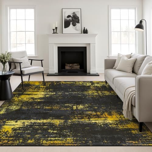 Area Rug Living Room: 6x6 Modern Washable Soft Carpet Black Gold by FXRHLP