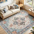 Lofus Washable Rugs 5x7 for Living Room, Blue and Orange Vintage Carpet by Lofus