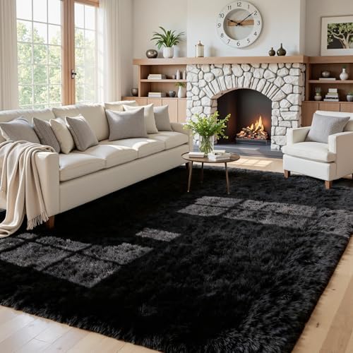 5x7 Fluffy Shag Area Rugs for Living Room Bedroom: Soft Plush Carpet Black by CarpetAddColortoYourLife