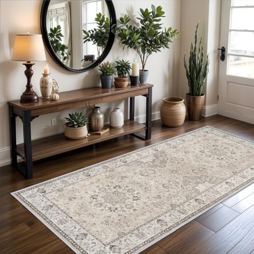 Hallway Washable Runner Rug - 3x6 Kitchen Rugs Entryway Rug Runner Vintage Soft Floor Mat Non Slip Indoor Farmhouse Carpet for Bathroom Living Room Bedroom (3 X 6, Beige) - Image 5