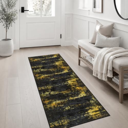 2x5 Washable Runner Rug：Modern Abstract Soft Carpet Black Gold - Image 3