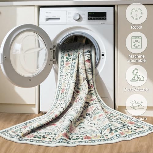 PLHXFR Round Area Rug Living Room: 4 ft Floral Washable Carpet Green Beige - Image 7