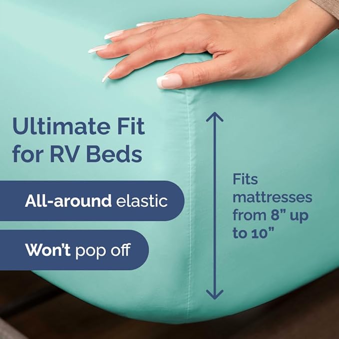 RV Short Queen Sheet Set 60 X 75 - 4 Piece RV Short Queen Bed Sheets - Soft, Breathable and Cooling - Designed for Bunks, Trailers & Campers - Fits 8” to 12" Mattress - Hotel Luxury Bedding - Spa Blue