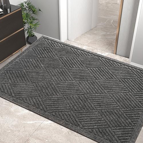 HIYARD Sturdy Front Door Mat, Absorbent Muddy Dirt Resist Welcome Door Mats Outdoor Indoor, Stain and Fade Resistant, Non-Slip Rubber Backing Low Profile Doormat for Entryway, 60×36, Grey by HIYARD