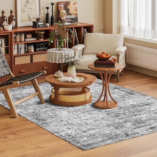 Washable Area Rug 4' x 6' Vintage Traditional Persian Mat - Foldable Distressed Non-Slip Machine Washable Carpet for Living Room Bedroom Kitchen Home Decor - Graphite and Mist - Image 2