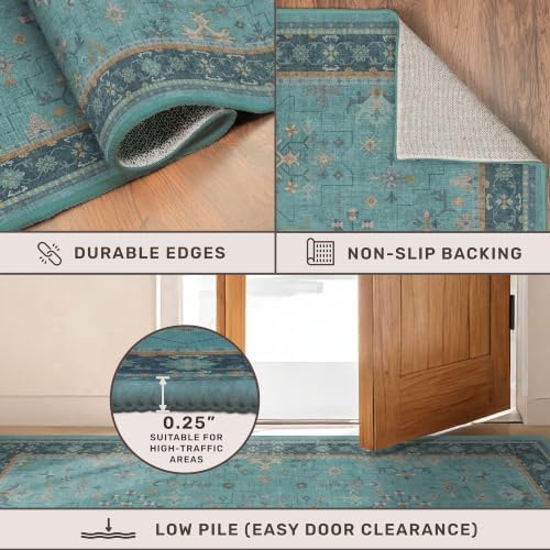 Washable 5x8 Teal Rug for Living Room, Boho Area Rugs for Bedroom Under Bed, Modern Floral Low-Pile Non Skid Carpet for Dining Room Under Table, Stain Resistant Vintage Home Décor - Image 5