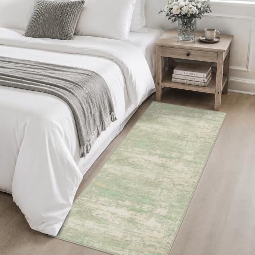 2x5 Washable Runner Rug：Modern Abstract Soft Carpet Green Cream - Image 4