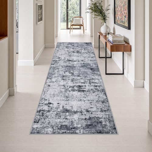 3x10 Washable Runner Rug：Modern Abstract Kitchen Soft Carpet Grey by FXRHLP
