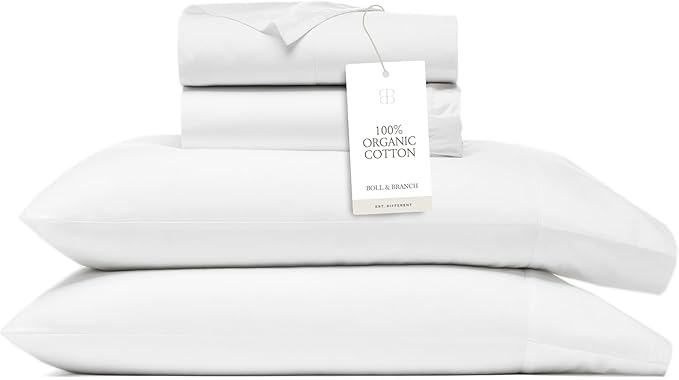 BOLL & BRANCH Signature Hemmed Sheet Set - Full, White - Luxury 100% Organic Cotton - Includes 1 Flat, 1 Fitted, 2 Pillowcases - Buttery Soft