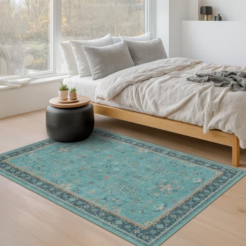 Washable Teal Rugs for Entryway Indoor - 3x5 Throw Rug for Large Kitchen, Bedroom Bedside, Bathroom, Mudroom, Boho Turquoise Modern Décor, Non Slip Low Pile Fade Resistant - Image 3