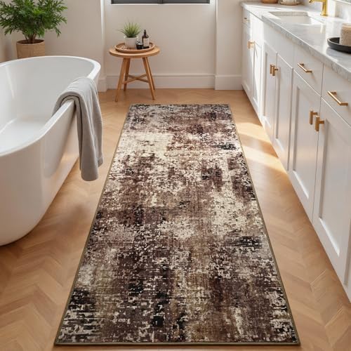 Runner Rug for Kitchen Coffee Hallways Runner Rug Non Slip 2'6''x8' Washable Brown Long Runner Rugs with Rubber Backing Soft Abstract Carpet Runner for Entryway, Kitchen, Bedroom, Bathroom - Image 3