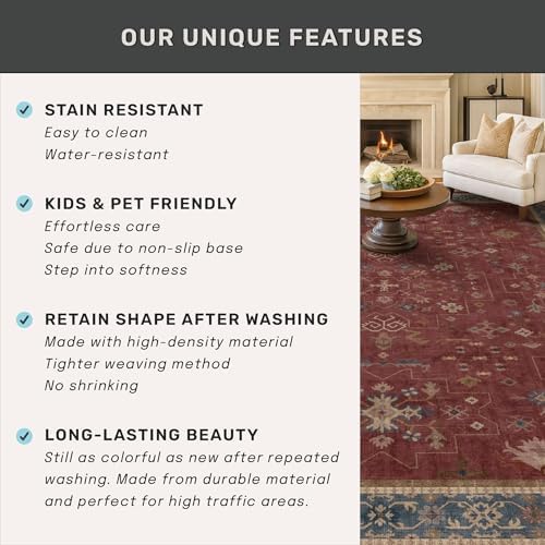 Large Burgundy 3x12 Long Runner Rug for Hallway - Washable Kitchen Rug, Low Pile Thin Carpet for Bedroom Bedside, Foyer, Non Slip Unique Bohemian Red Décor - Image 6