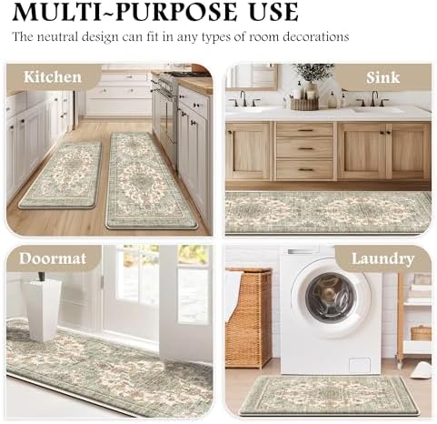 Boho Kitchen Mats for Floor 2PC Anti Fatigue Kitchen Rugs, Green Beige - Image 6