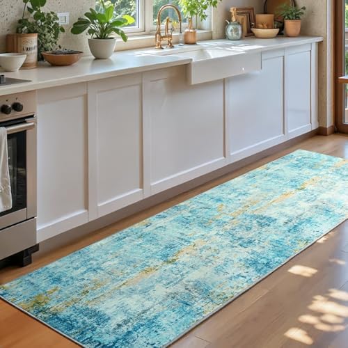 Runner Rug for Kitchen Teal Blue Hallways Runner Rug Non Slip 2'6''x8' Washable Long Runner Rugs with Rubber Backing Soft Abstract Carpet Runner for Entryway, Kitchen, Bedroom, Bathroom - Image 2