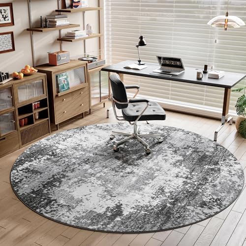 Round Rugs 8ft Washable Grey Circle Area Rug for Dining Room Table, Non Slip Soft Low Pile Stain Resistant, Boho Circular Carpet for Living Room Bedroom Dorm Entryway Kitchen, Abstract Gray - Image 2