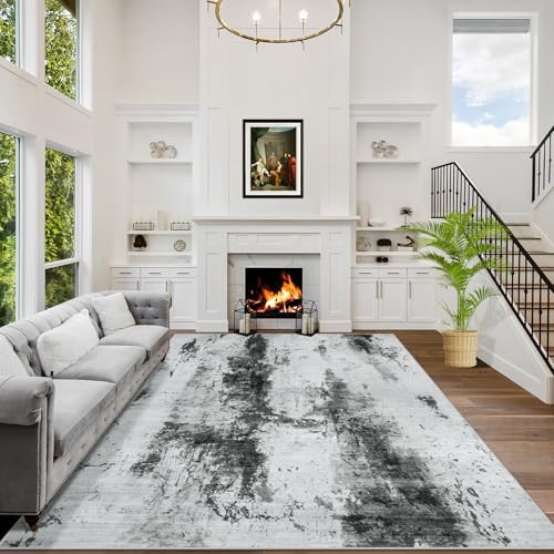 10x14 Area Rugs for Living Room: Washable Abstract Black White Grey Carpet by GENTDRIZZ