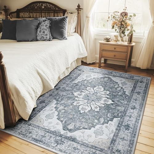 RELEANY Washable Area Rug, 4'x5', Grey/White/Beige - Image 2