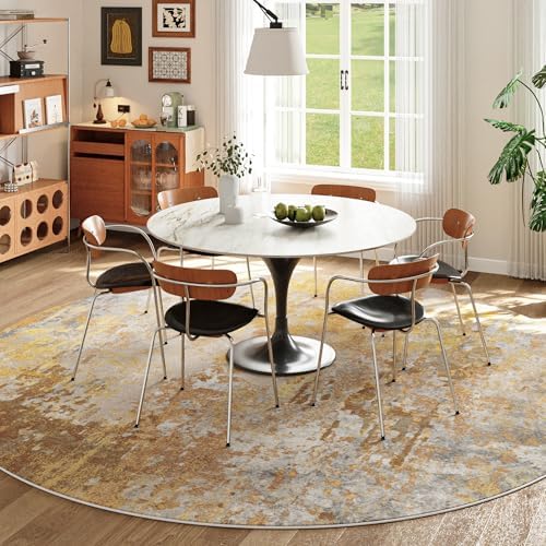Beige Gold Round Rugs 6ft Washable Circle Area Rug for Entryway Kitchen, Non Slip Soft Low Pile Stain Resistant, Boho Circular Carpet for Living Room Bedroom Dorm Dining Room Table, Abstract - Image 2