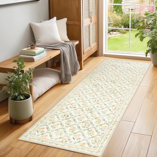 PLHXFR 2.6x8 Washable Runner Rug：Floral Indoor Kitchen Carpet Beige Multi - Image 3