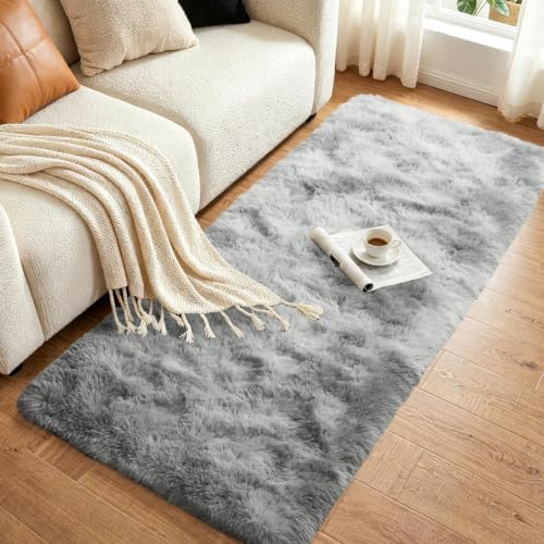 2x6 Tie-dye Grey Fluffy Soft Runner Rug Non-Slip for Bedroom Dorm Hallway - Image 3