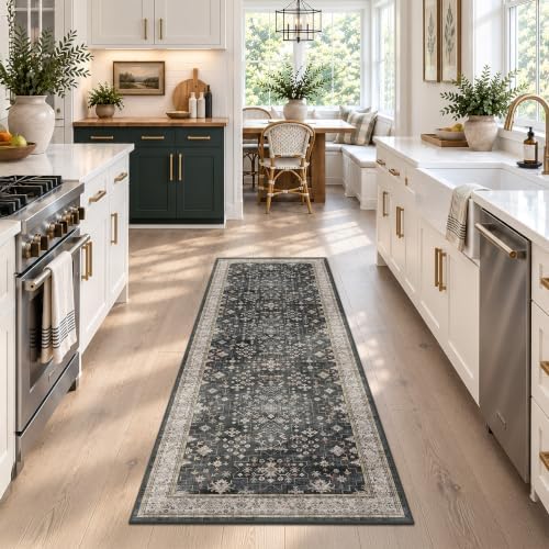 Black Boho Washable 2x6 Runner Rugs for Hallway Kitchen Bedroom Beside Laundry Room Bathroom Rug, Pet & Kids Friendly, Non Slip Low Pile Stain Resistant Soft Foldable Long 24 x 72 Floor Carpet - Image 3