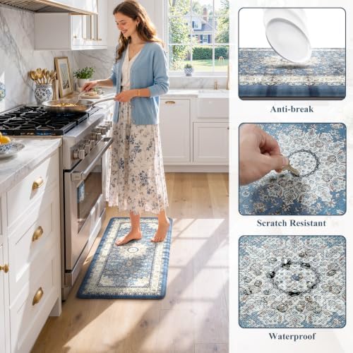 Collive Cushioned Anti Fatigue Kitchen Mats Boho Blue Kitchen Rugs, 20"x39" - Image 6