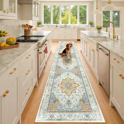 RELEANY Washable Area Rug, Runner 2'x9', Beige/Carbon Grey/Orange by RELEANY