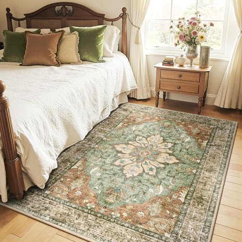 RELEANY Washable Area Rug, 4'x6', Brick/Brown/Green - Image 3