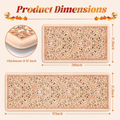 Collive Fall Anti Fatigue Kitchen Mats, Burnt Orange Floral Kitchen Rugs - Image 2