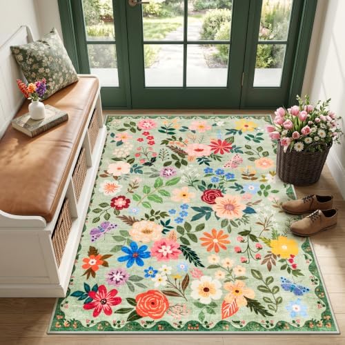 PLHXFR Area Rug Living Room: 3x5 Floral Washable Boho Soft Carpet Green by PLHXFRSoftAreaRugs