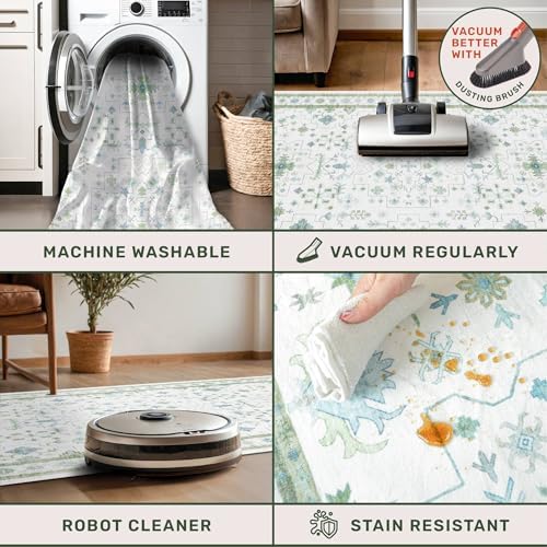 Hazo Haus Oushak 3x12 Wide Hallway Runner Rug - Vintage Turkish Floral, Washable Low Pile Non Slip 12ft Long Runners for Large Kitchen, Hall Way - Light Blue and Green - Image 4