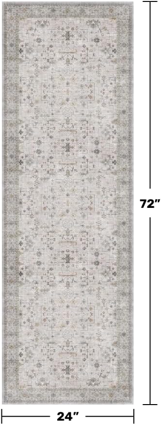 Hazo Haus Washable Neutral 2x6 Bathroom Runner Rug, Vintage Kitchen Floor Mat for Indoor Entrance and Bedroom, Light Gray & Sage Geometric Runner Rug Decor, Low Pile Stain Resistant - Image 2