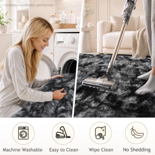 Ophanie Tie-Dyed Black & Grey Area Rugs 2x6 for Bedroom Living Room, Fluffy Shag Fuzzy Carpet, Plush Shaggy Rug, Indoor Carpet for Kids Boys Dorm Home Decor Aesthetic, Nursery with 99 pcs Pile fibers - Image 6