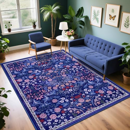 PLHXFR Area Rug Living Room: 4x6 Floral Washable Boho Soft Carpet Blue by PLHXFRSoftAreaRugs