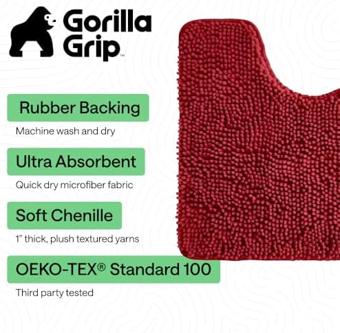 GORILLA GRIP Chenille Bath Rug Mat for Oval Toilet Base, 24x19 Red - Image 3