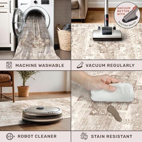 Beige Boho Rug for Living Room 8x12 - Washable Dining Room Rugs for Under Table, Vintage Low Pile Carpet for Bedroom, Non-Slip Farmhouse Large Thin Carpet for High Traffic Area (8x12 Beige/Latte) - Image 4