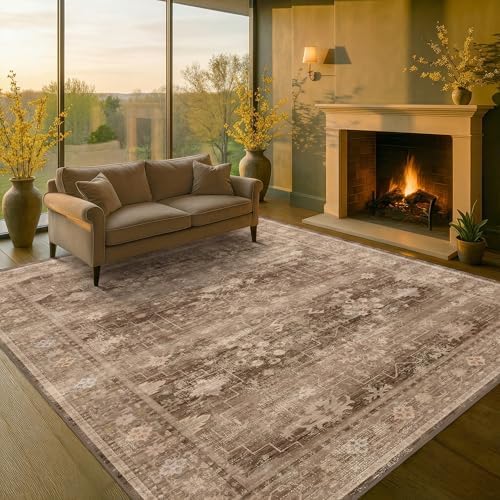 Hazo Haus Boho Brown Living Room Rug 7x9 - Vintage Traditional Eclectic Oriental Neutral Taupe, Washable Low Pile Non-Slip Extra Large Area Rugs for Dining Under Table Bedroom Lounge by HazoHaus