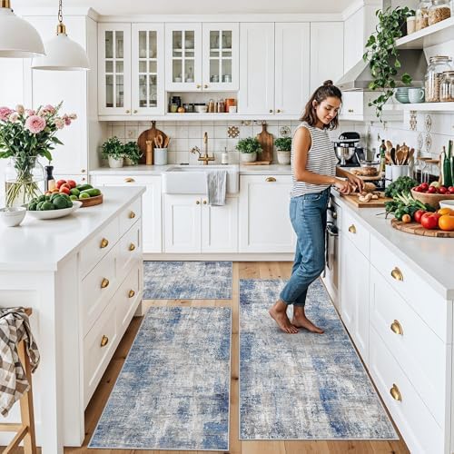Kitchen Mats for Floor 3 Piece Set, Washable Non-Slip Farmhouse Kitchen Rugs for Hardwood Floor, Rustic Floral Boho Runner Rug for Sink,Entryway & Hallway & Bathroom (Blue/Grey/Ivory,2x3+2x4+2x5) - Image 3