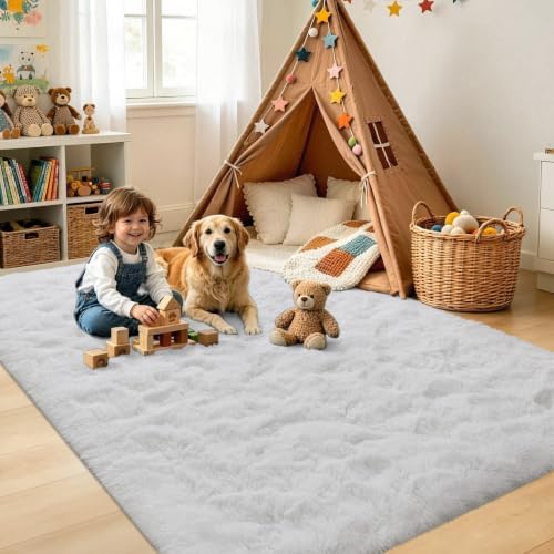 Noahas 4'x5'3'' White Fluffy Soft Area Rug Non-Slip for Bedroom Living Room - Image 4